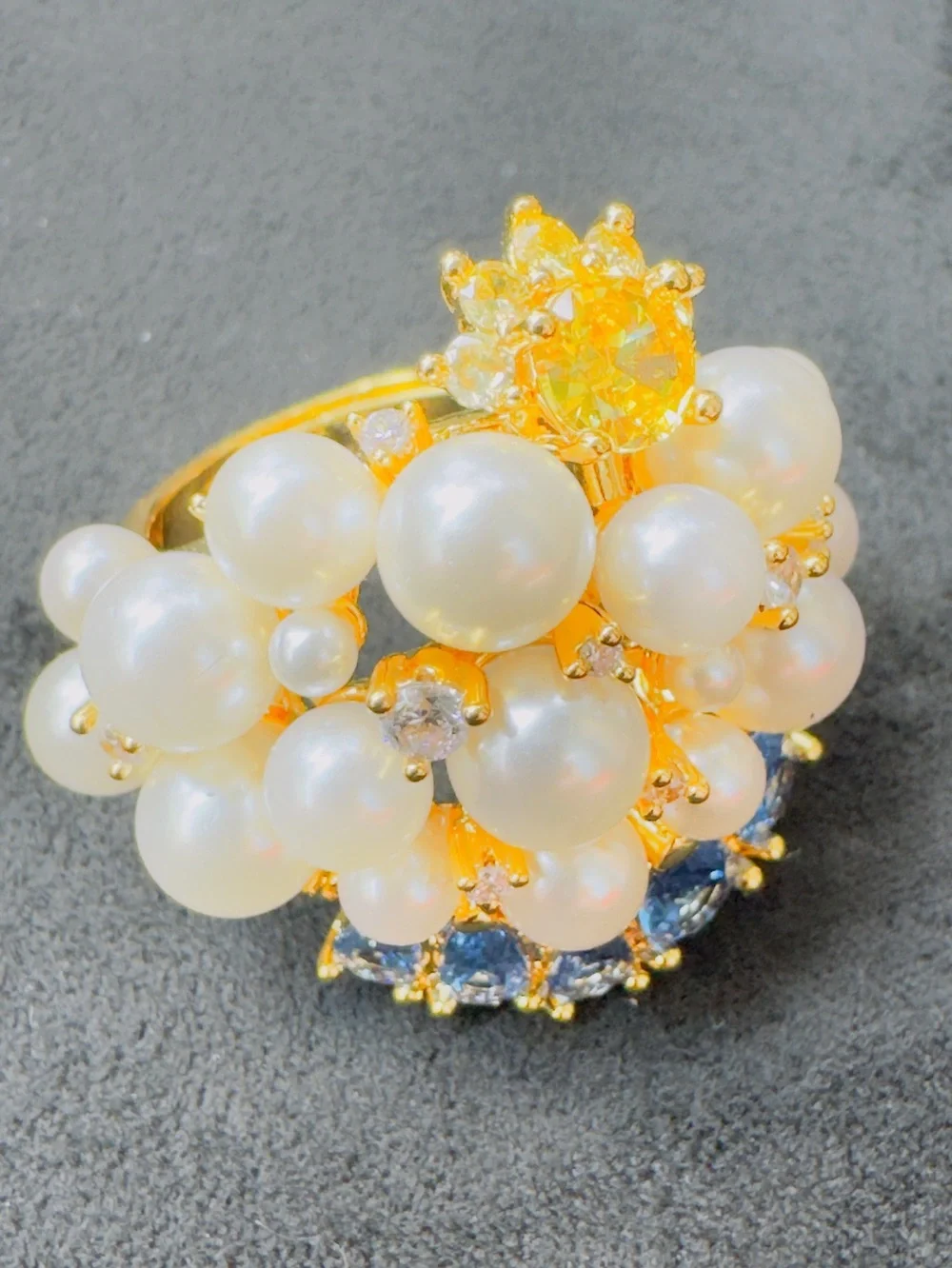 Elegant Gold Pearl Cluster Ring with Yellow and Blue Gem Accents